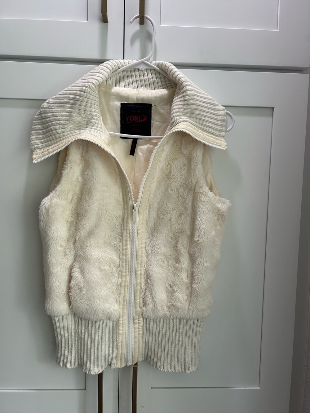 Yoki Cream Faux-Fur Zip Front Vest with Ribbed Collar